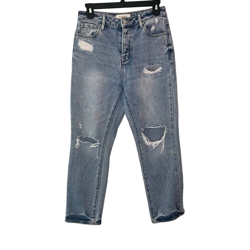 Pacsun womens button fly distressed holey medium wash mom jean Size 25